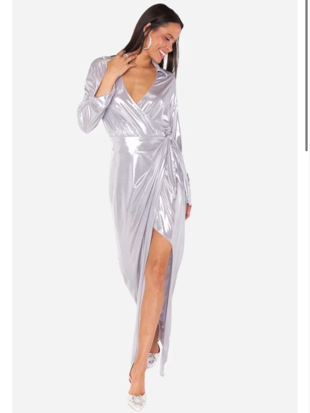 Show Me Your MuMu Silver Metallic Wrap Maxi Dress with Side Slit